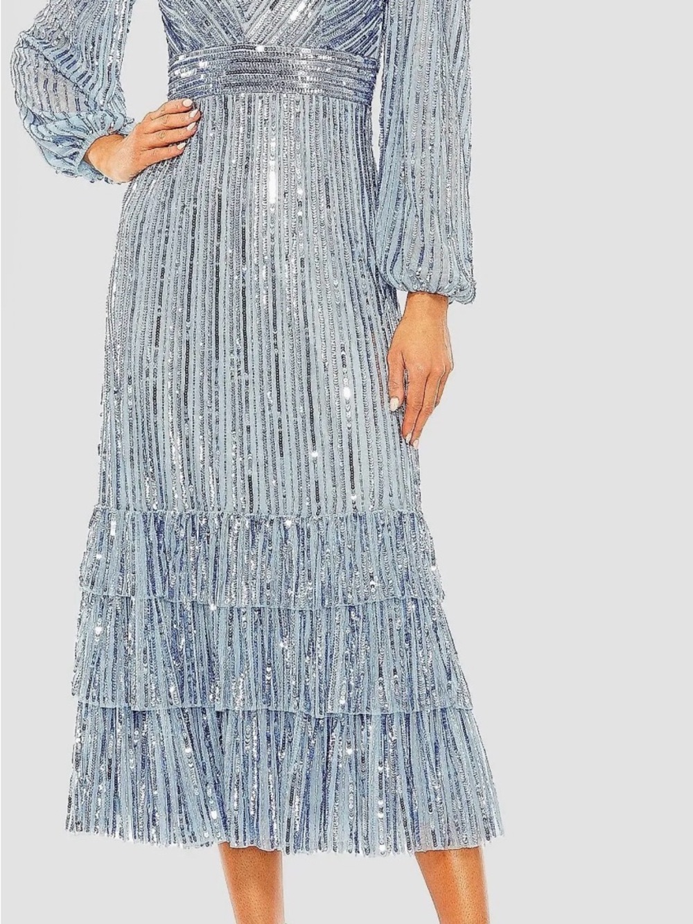 Mac Duggal Light Blue Sequin Midi Dress